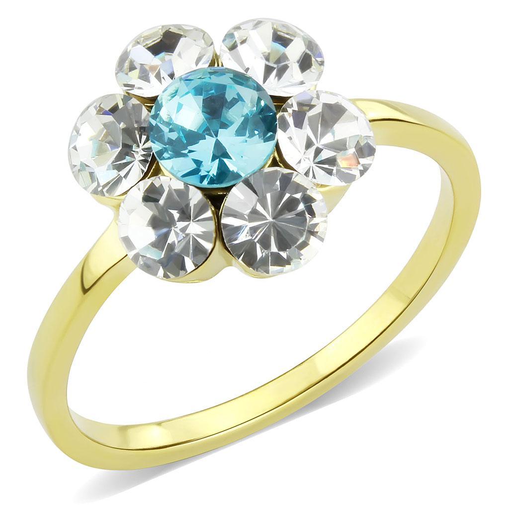 TK3642 - IP Gold(Ion Plating) Stainless Steel Ring with Synthetic Synthetic Glass in Sea Blue - Joyeria Lady