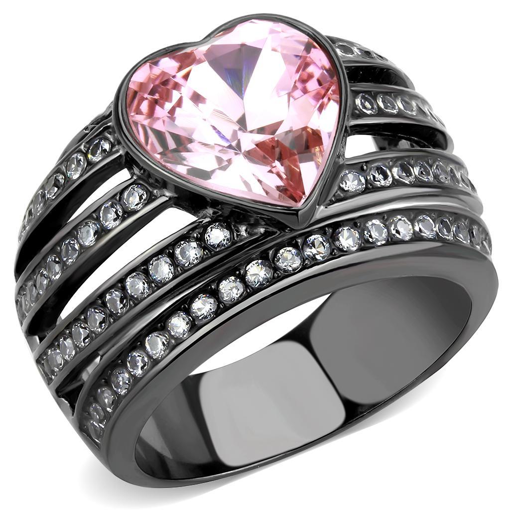 TK3686 - IP Black(Ion Plating) Stainless Steel Ring with Top Grade Crystal  in Light Rose - Joyeria Lady