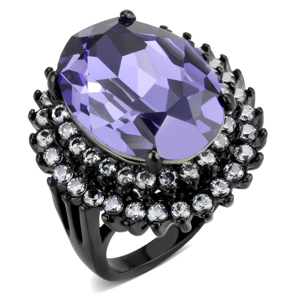 TK3687 - IP Black(Ion Plating) Stainless Steel Ring with Top Grade Crystal  in Tanzanite - Joyeria Lady