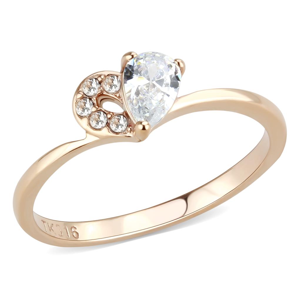 TK3713 - IP Rose Gold(Ion Plating) Stainless Steel Ring with AAA Grade CZ  in Clear - Joyeria Lady