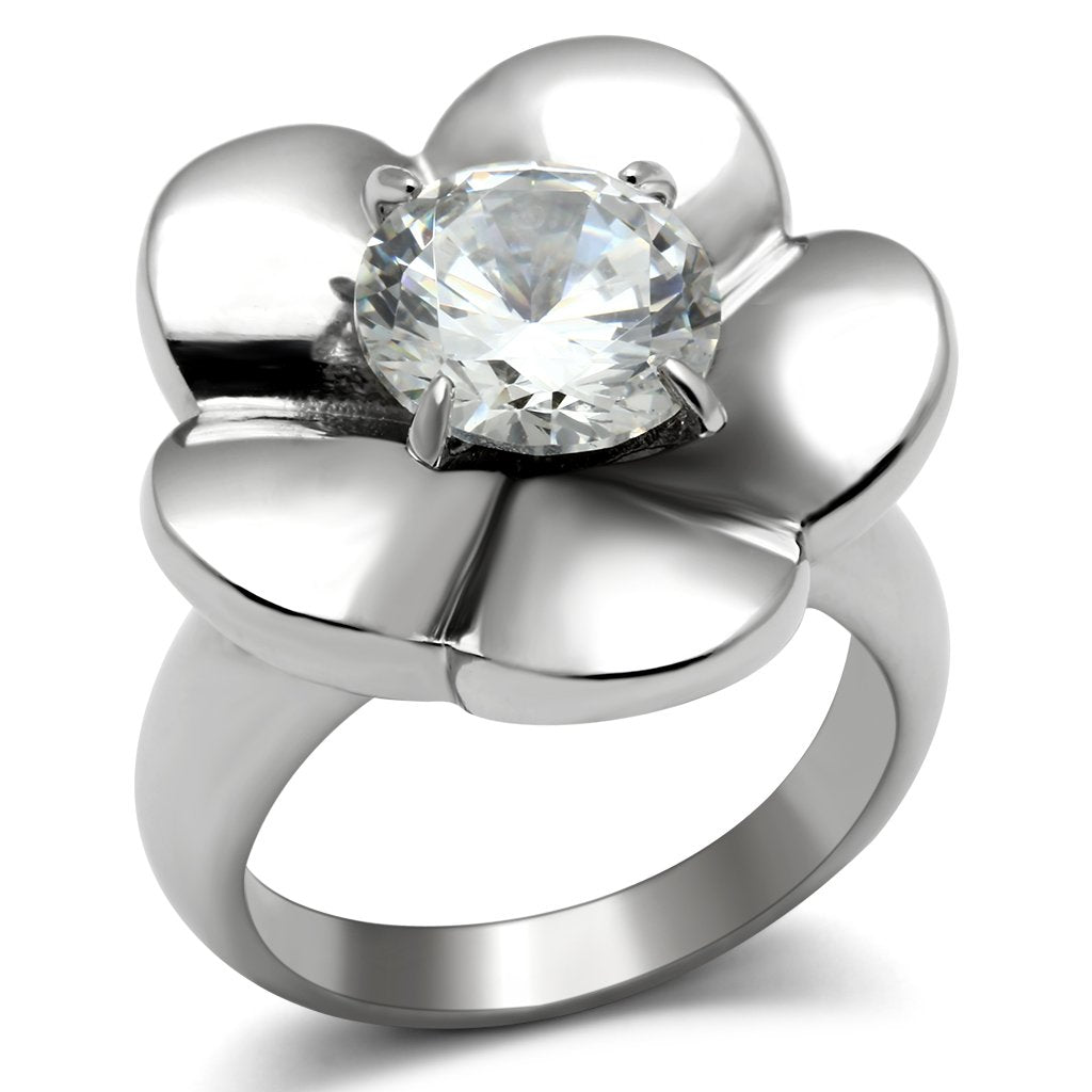 TK477 - High polished (no plating) Stainless Steel Ring with AAA Grade CZ  in Clear - Joyeria Lady