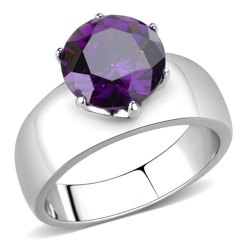 TK52002 - High polished (no plating) Stainless Steel Ring with AAA Grade CZ  in Amethyst - Joyeria Lady