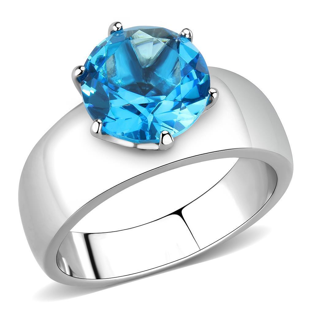 TK52003 - High polished (no plating) Stainless Steel Ring with Synthetic Synthetic Glass in Sea Blue - Joyeria Lady