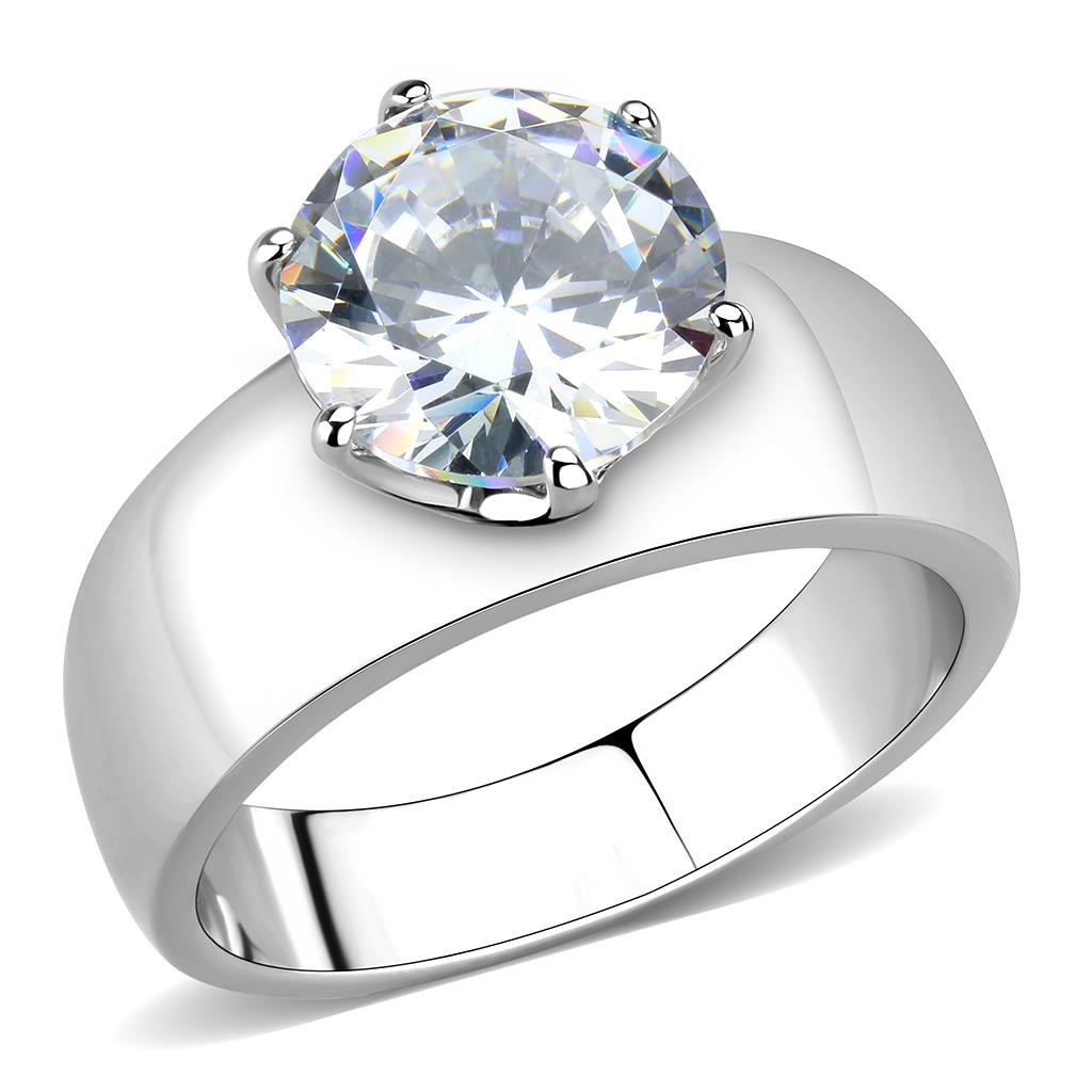 TK52004 - High polished (no plating) Stainless Steel Ring with AAA Grade CZ  in Clear - Joyeria Lady