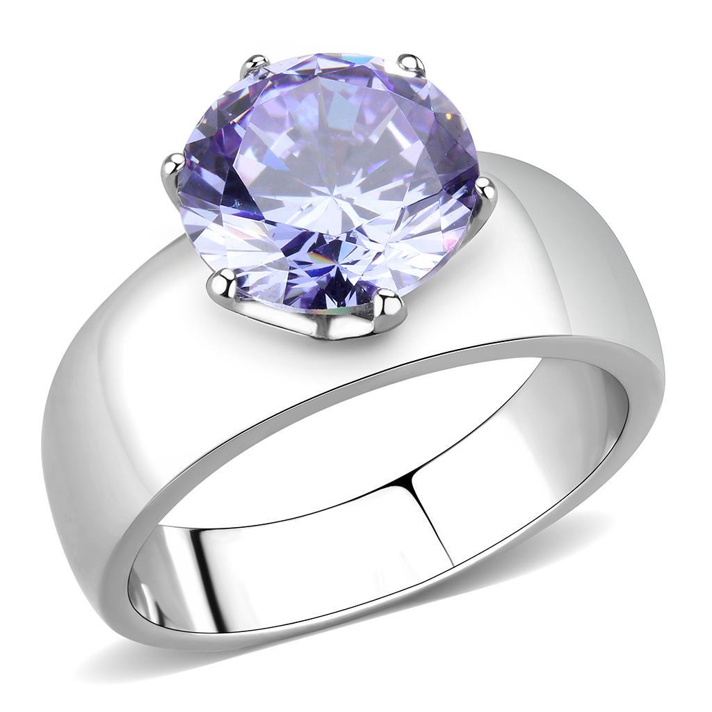 TK52006 - High polished (no plating) Stainless Steel Ring with AAA Grade CZ  in Light Amethyst - Joyeria Lady