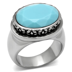 TK525 - High polished (no plating) Stainless Steel Ring with Synthetic Synthetic Glass in Sea Blue - Joyeria Lady