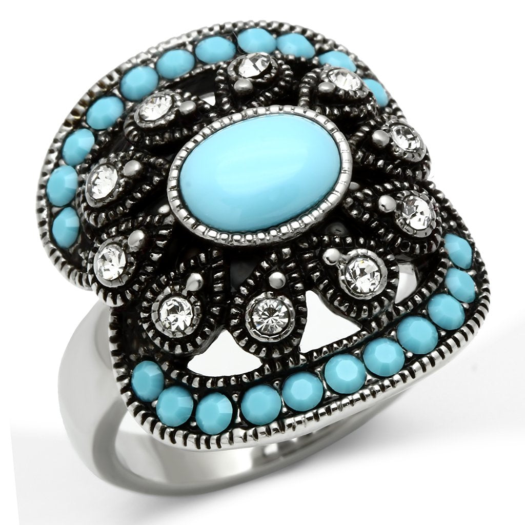 TK526 - High polished (no plating) Stainless Steel Ring with Synthetic Synthetic Glass in Sea Blue - Joyeria Lady
