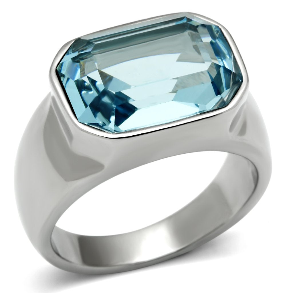 TK527 - High polished (no plating) Stainless Steel Ring with Top Grade Crystal  in Sea Blue - Joyeria Lady