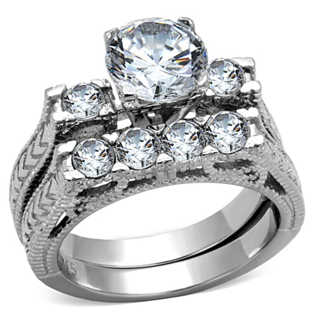 TK5X019 - High polished (no plating) Stainless Steel Ring with AAA Grade CZ  in Clear - Joyeria Lady