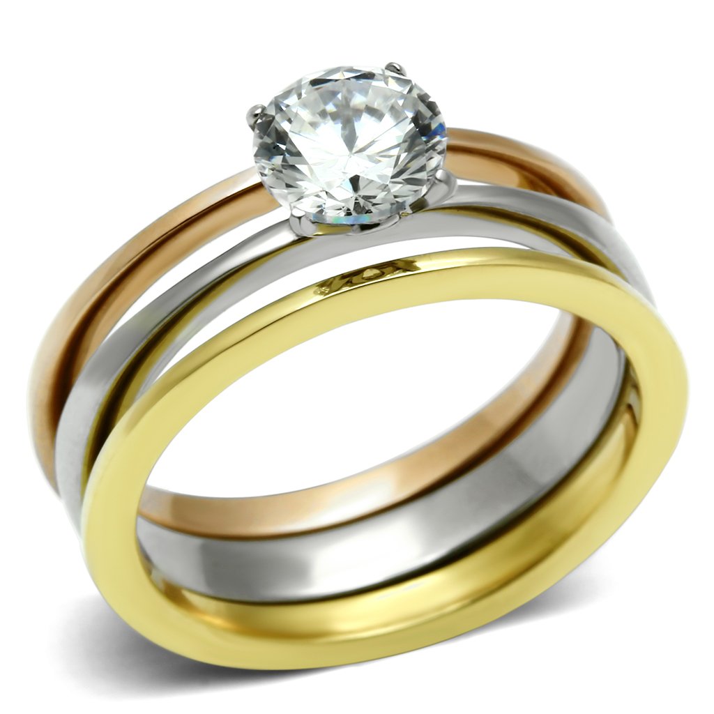 TK620 - Three-Tone IP Stainless Steel Ring with AAA Grade CZ  in Clear - Joyeria Lady