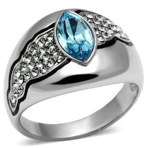 TK659 - High polished (no plating) Stainless Steel Ring with Top Grade Crystal  in Sea Blue - Joyeria Lady