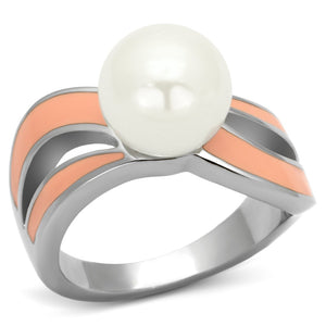 TK810 - High polished (no plating) Stainless Steel Ring with Synthetic Pearl in White - Joyeria Lady