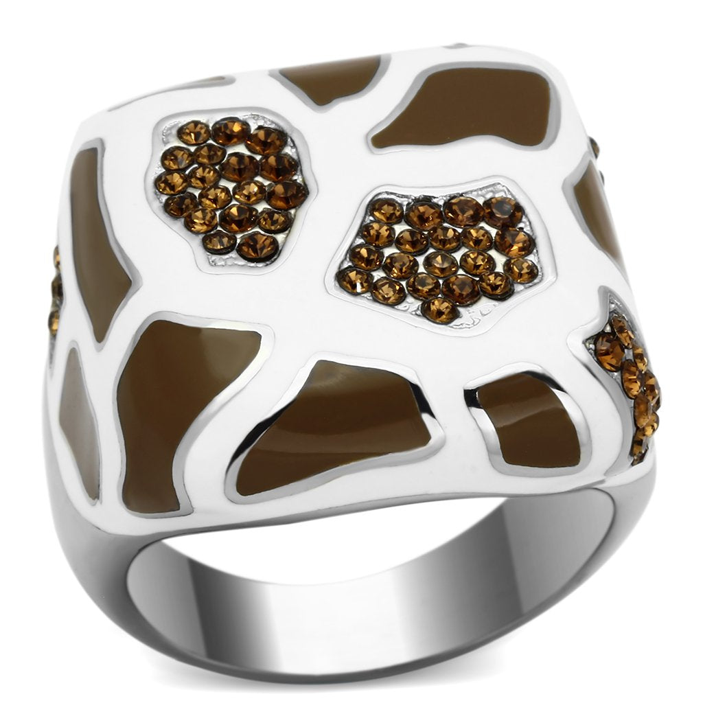 TK847 - High polished (no plating) Stainless Steel Ring with Top Grade Crystal  in Smoked Quartz - Joyeria Lady