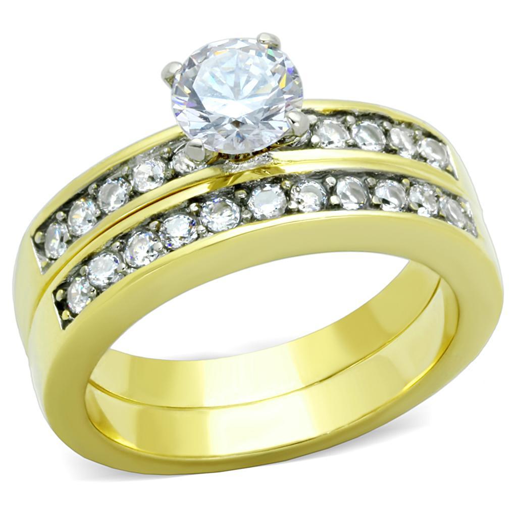 TK8X003 - Two-Tone IP Gold (Ion Plating) Stainless Steel Ring with AAA Grade CZ  in Clear - Joyeria Lady