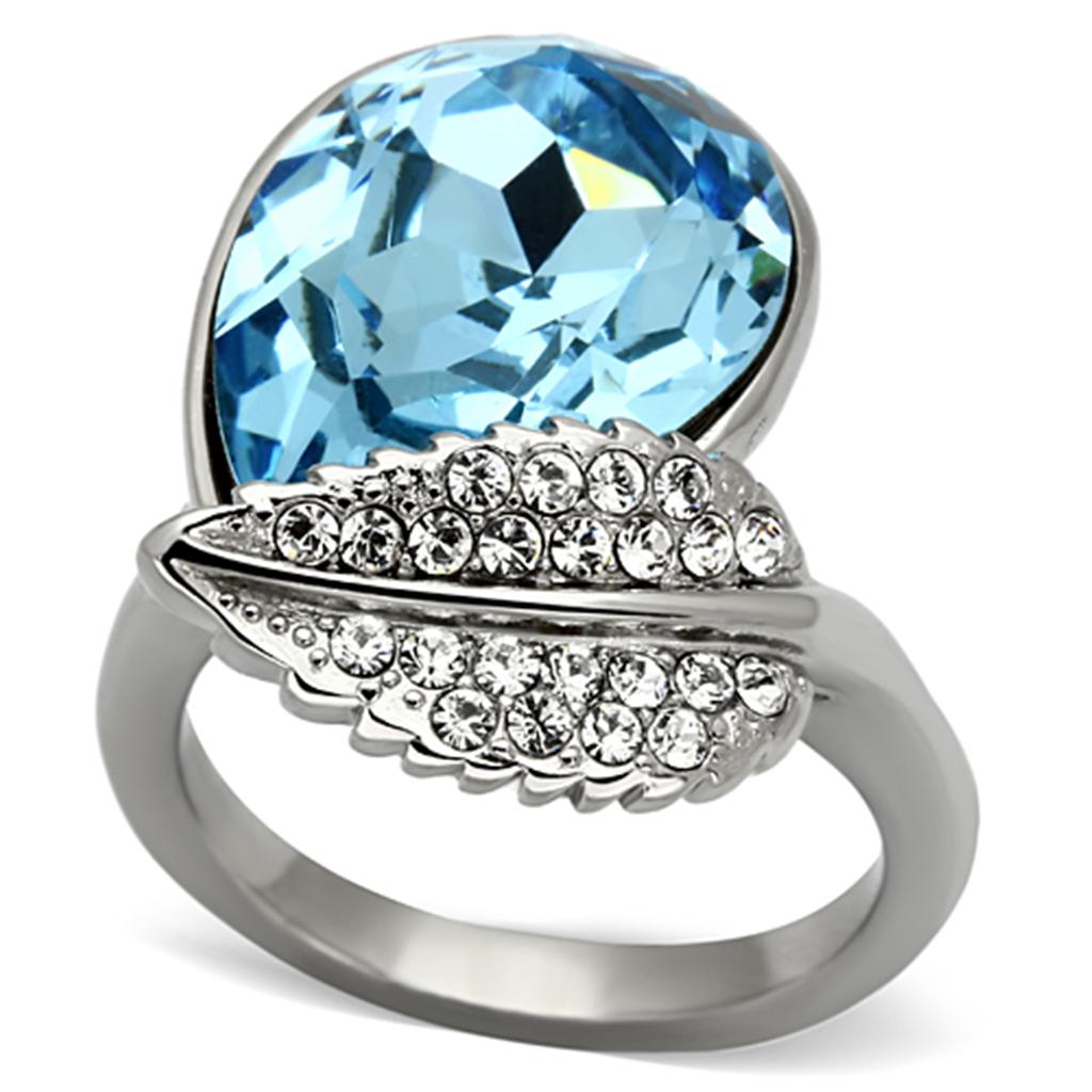 TK930 - High polished (no plating) Stainless Steel Ring with Top Grade Crystal  in Sea Blue - Joyeria Lady