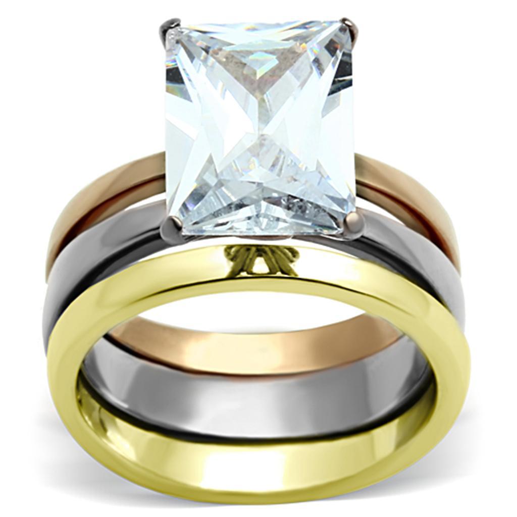 TK962 - Three Tone IPï¼ˆIP Gold & IP Rose Gold & High Polished) Stainless Steel Ring with AAA Grade CZ  in Clear - Joyeria Lady
