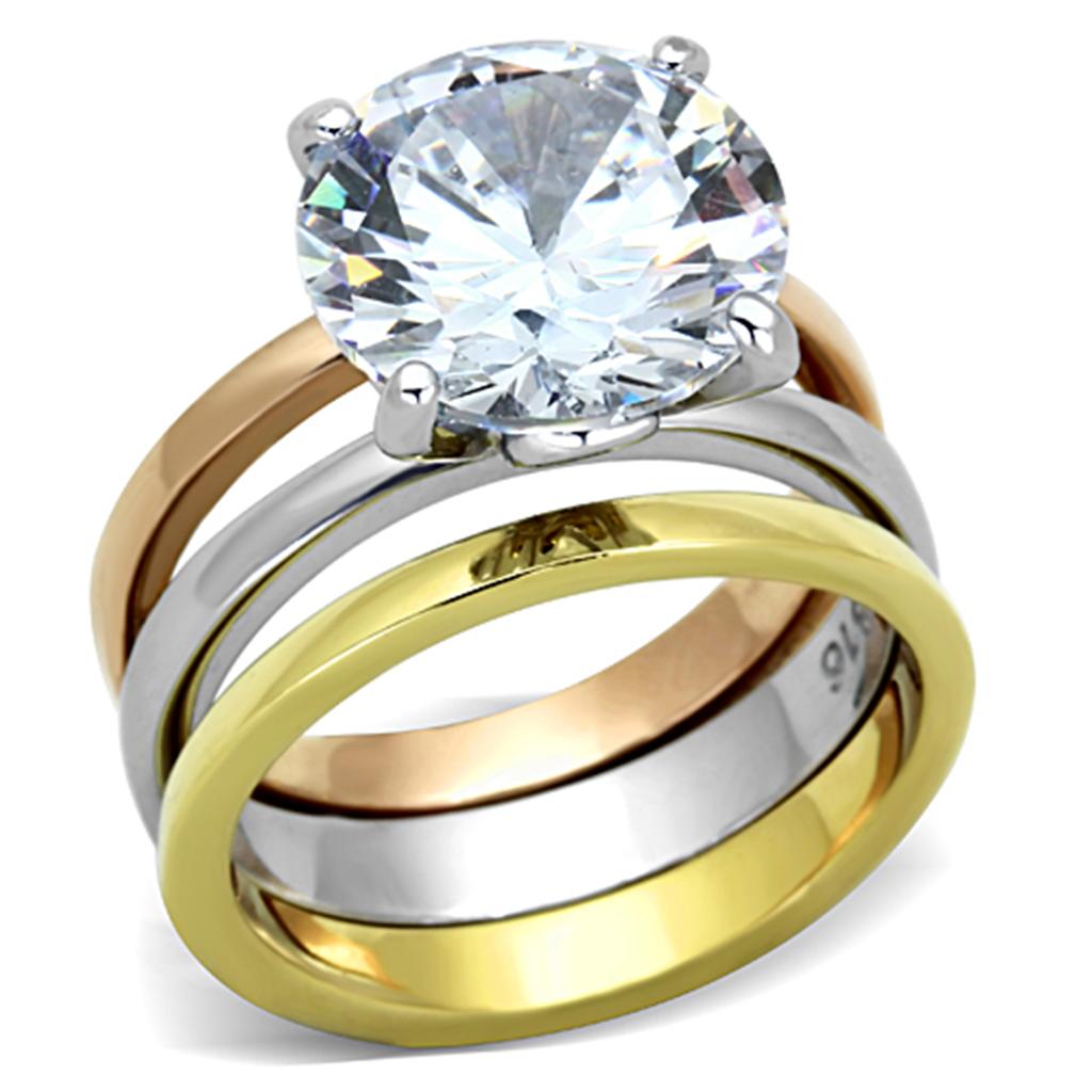 TK963 - Three Tone IPï¼ˆIP Gold & IP Rose Gold & High Polished) Stainless Steel Ring with AAA Grade CZ  in Clear - Joyeria Lady