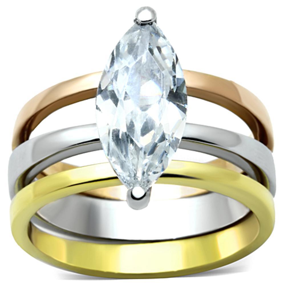 TK964 - Three Tone IPï¼ˆIP Gold & IP Rose Gold & High Polished) Stainless Steel Ring with AAA Grade CZ  in Clear - Joyeria Lady