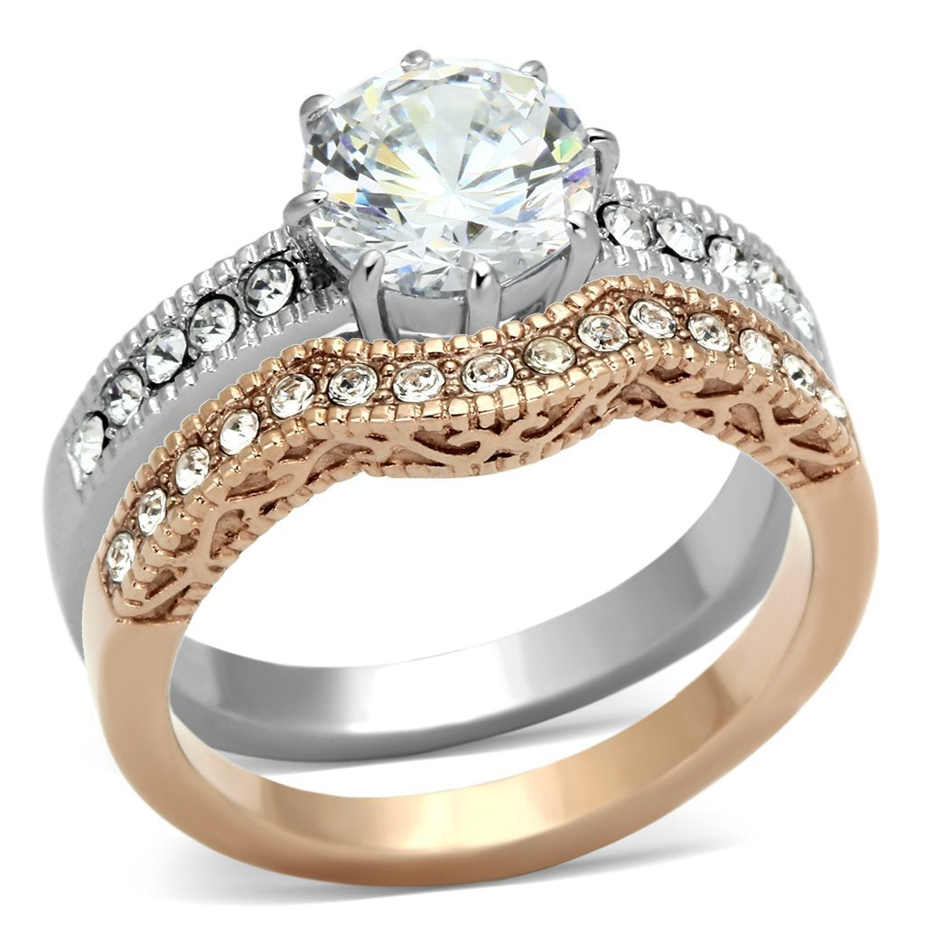 TK966 - Two-Tone IP Rose Gold Stainless Steel Ring with AAA Grade CZ  in Clear - Joyeria Lady