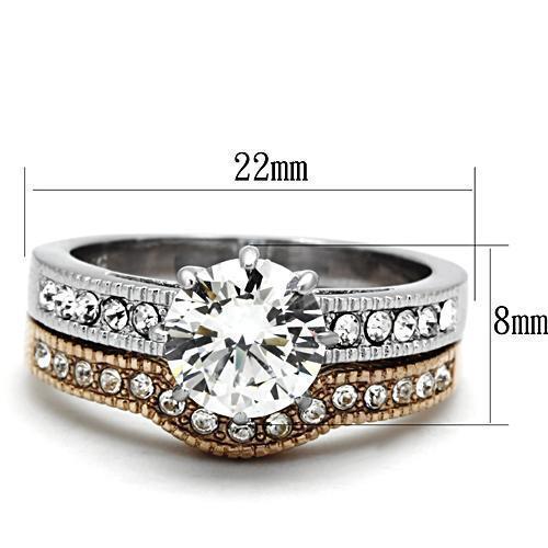 TK966 - Two-Tone IP Rose Gold Stainless Steel Ring with AAA Grade CZ  in Clear - Joyeria Lady