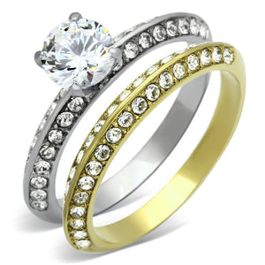 TK967 - Two-Tone IP Gold (Ion Plating) Stainless Steel Ring with AAA Grade CZ  in Clear - Joyeria Lady