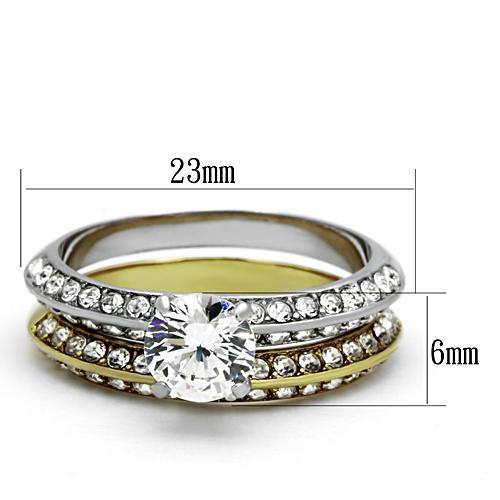 TK967 - Two-Tone IP Gold (Ion Plating) Stainless Steel Ring with AAA Grade CZ  in Clear - Joyeria Lady