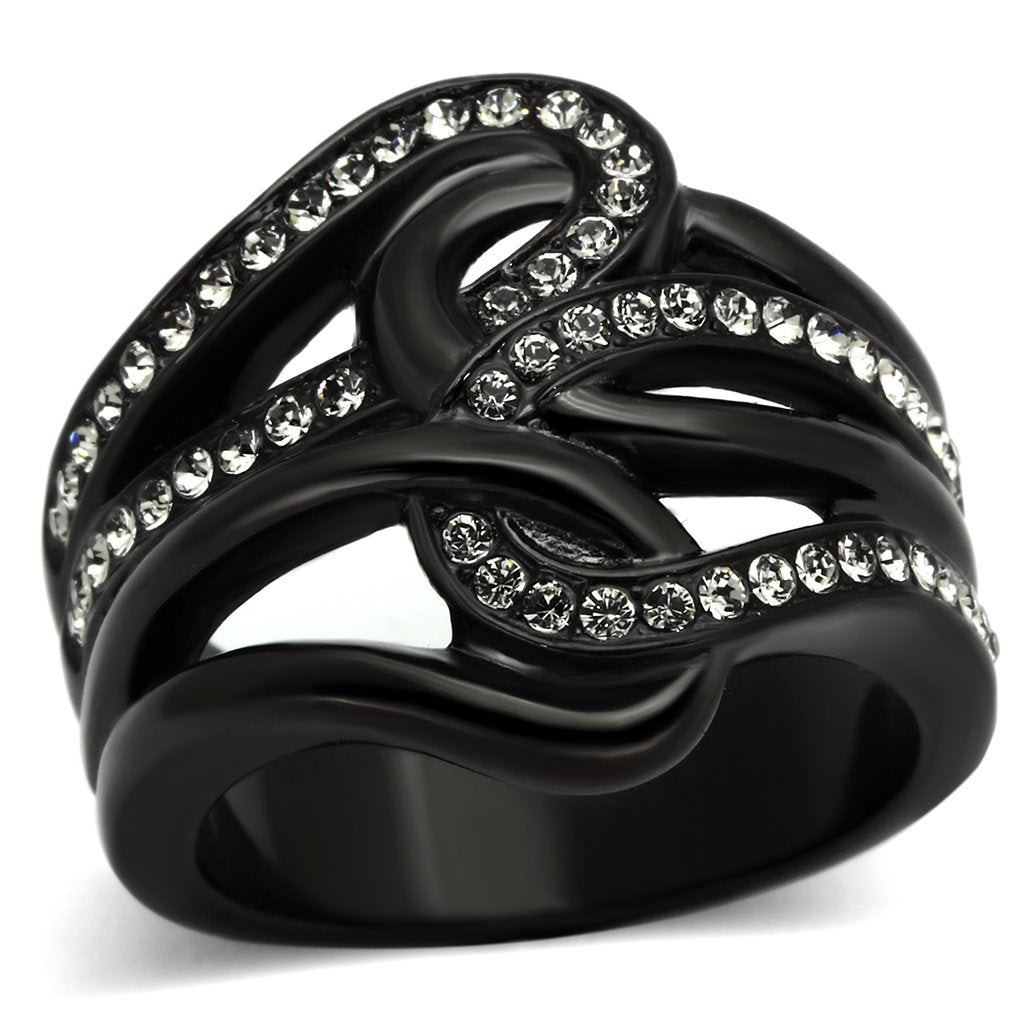 TK978 - IP Black(Ion Plating) Stainless Steel Ring with Top Grade Crystal  in Black Diamond - Joyeria Lady
