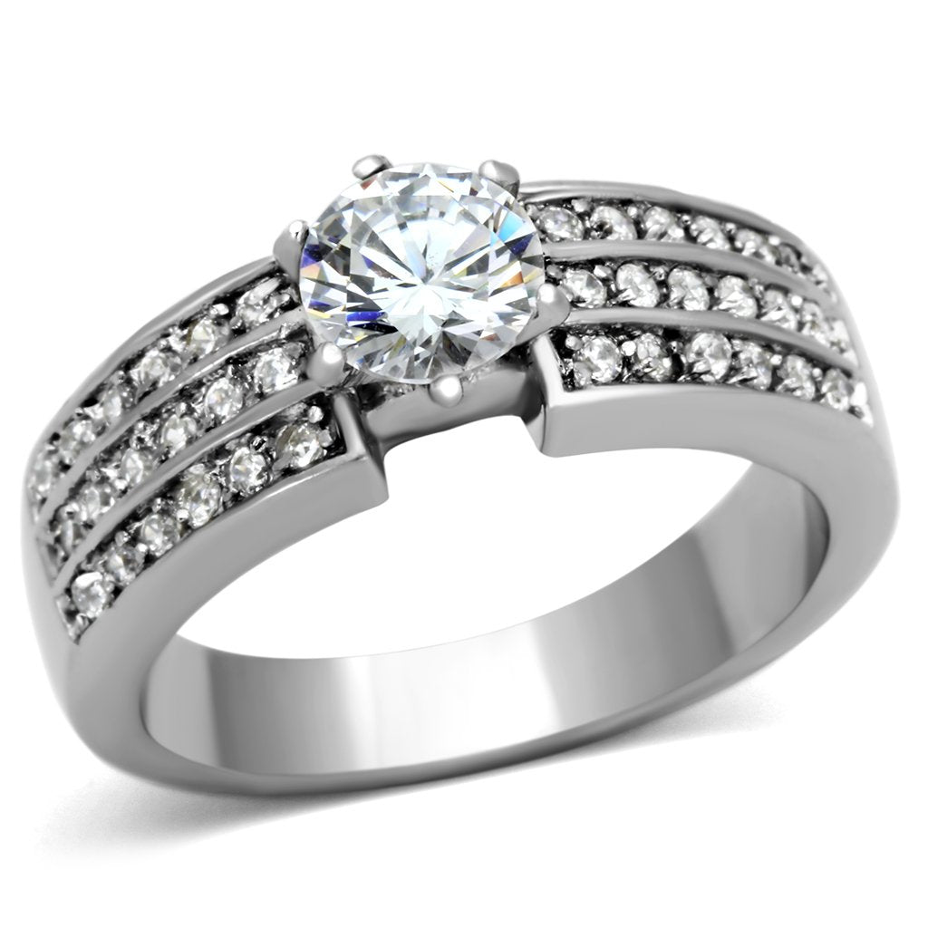 TK997 - High polished (no plating) Stainless Steel Ring with AAA Grade CZ  in Clear - Joyeria Lady