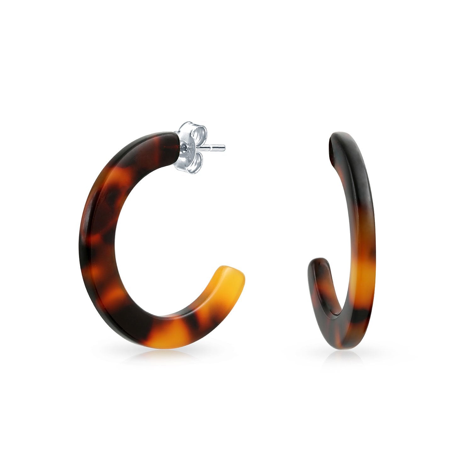 Brown Acrylic Tortoise Shell Flat Hoop Stud Earrings Stainless Steel - Joyeria Lady