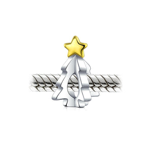 Tree Festive Star Charm Bead 2 Tone Gold Plated Sterling Silver