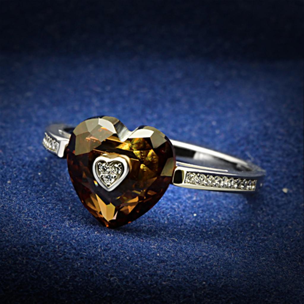 TS051 - Rhodium 925 Sterling Silver Ring with AAA Grade CZ  in Brown - Joyeria Lady