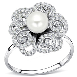 TS070 - Rhodium 925 Sterling Silver Ring with Synthetic Pearl in White - Joyeria Lady