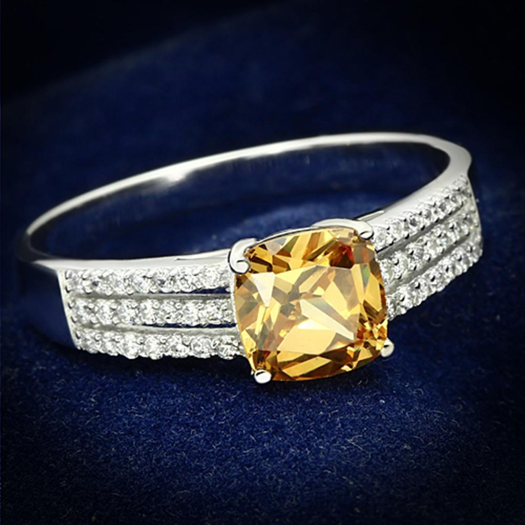 TS099 - Rhodium 925 Sterling Silver Ring with AAA Grade CZ  in Champagne - Joyeria Lady