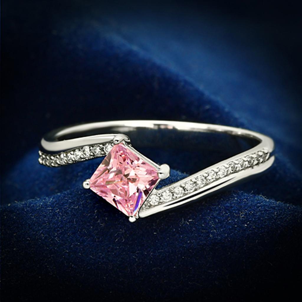 TS100 - Rhodium 925 Sterling Silver Ring with AAA Grade CZ  in Rose - Joyeria Lady