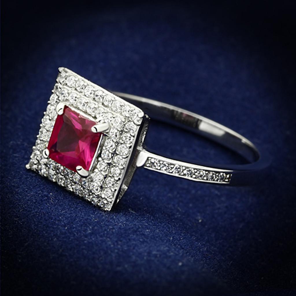 TS102 - Rhodium 925 Sterling Silver Ring with Synthetic Corundum in Ruby - Joyeria Lady