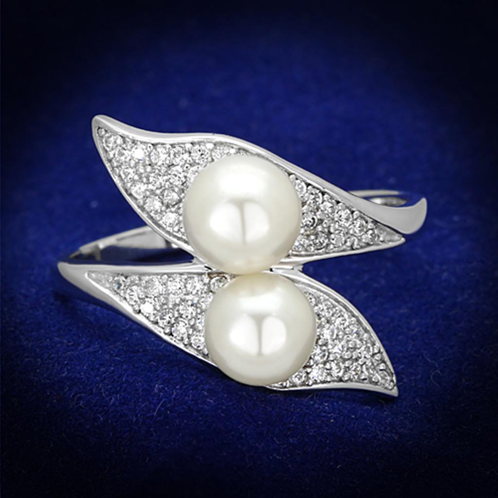 TS124 - Rhodium 925 Sterling Silver Ring with Synthetic Pearl in Citrine Yellow - Joyeria Lady