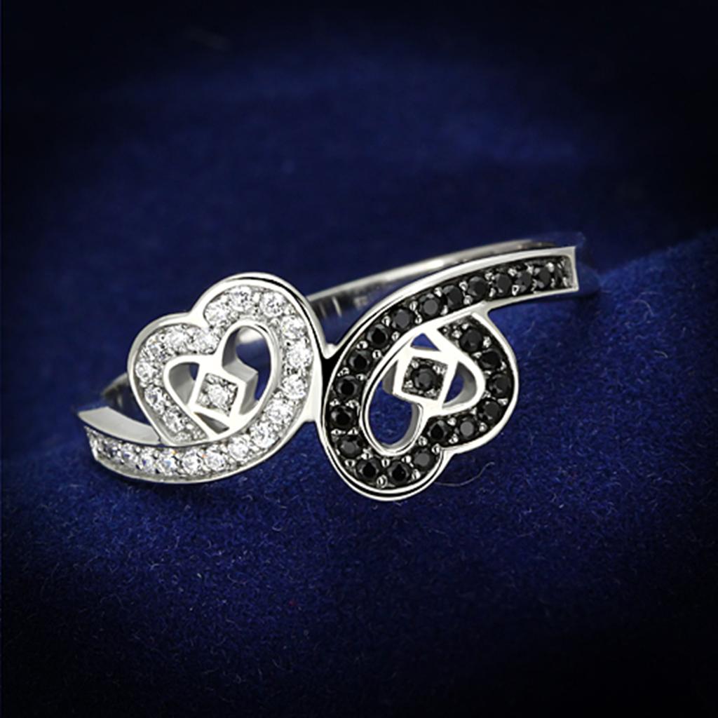 TS125 - Rhodium 925 Sterling Silver Ring with AAA Grade CZ  in Black Diamond - Joyeria Lady
