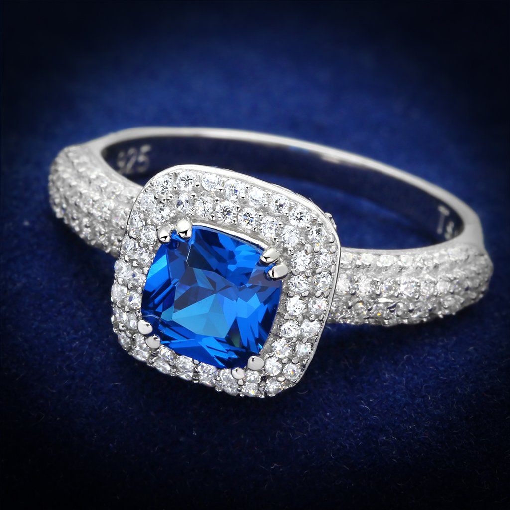 TS137 - Rhodium 925 Sterling Silver Ring with Synthetic Spinel in London Blue - Joyeria Lady