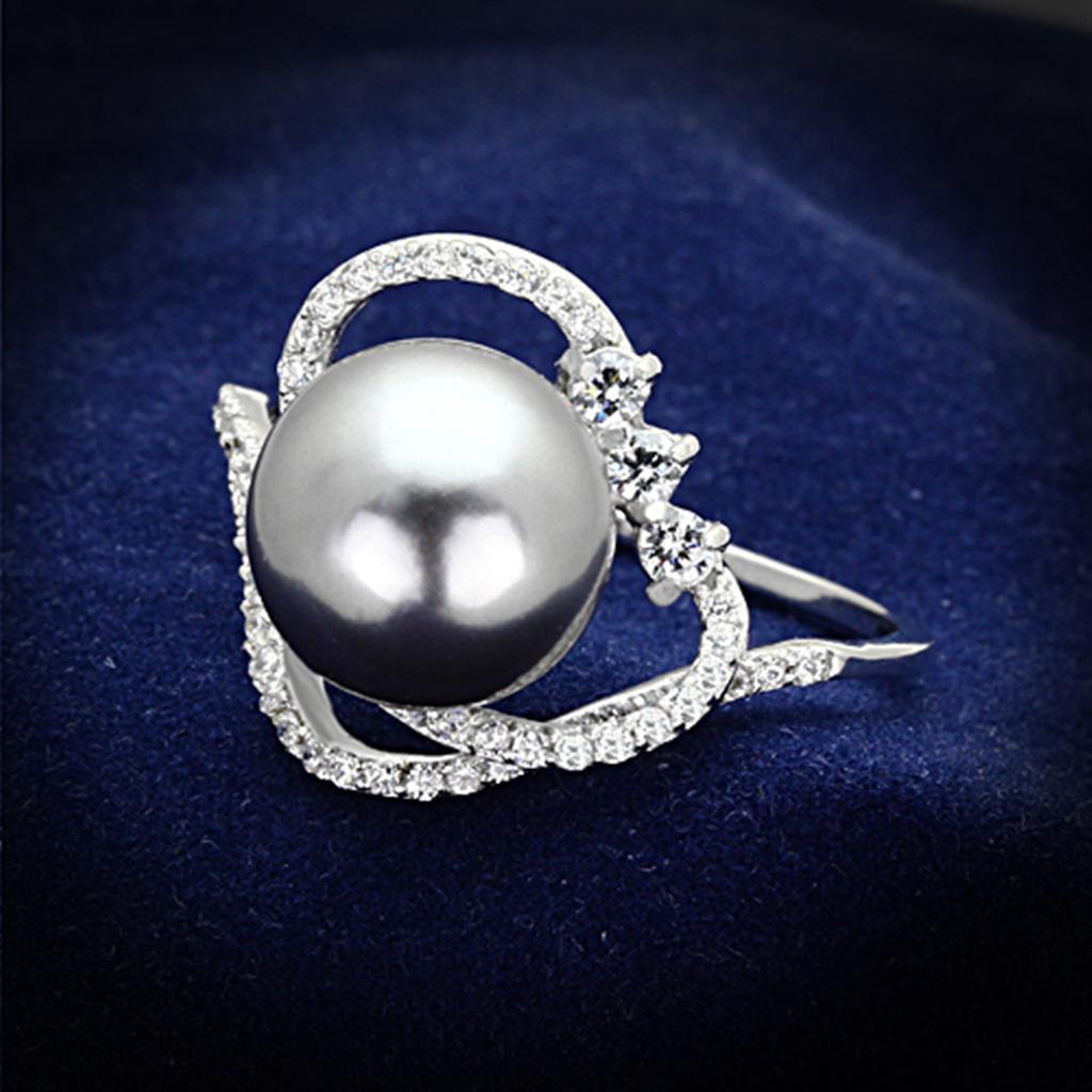 TS153 - Rhodium 925 Sterling Silver Ring with Synthetic Pearl in Gray - Joyeria Lady