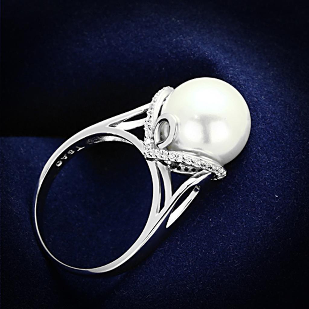 TS154 - Rhodium 925 Sterling Silver Ring with Synthetic Pearl in White - Joyeria Lady