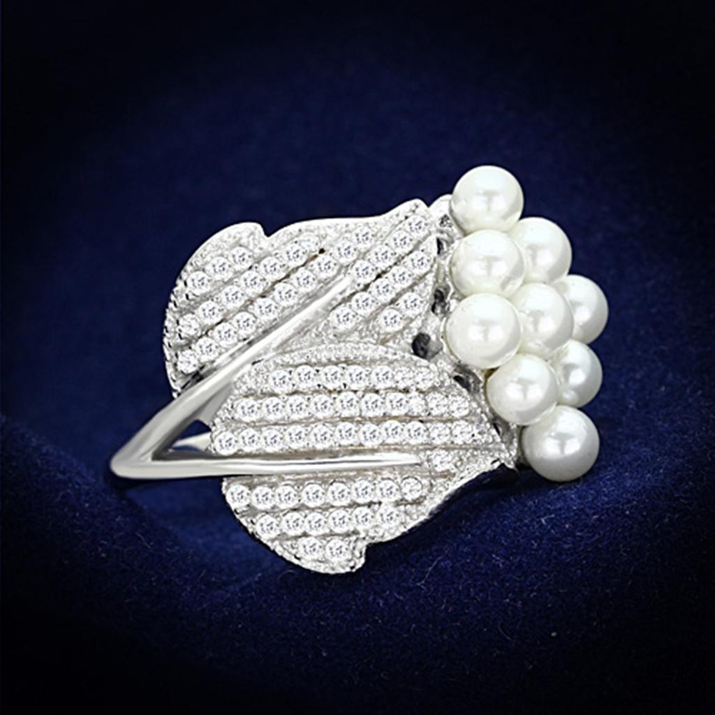 TS167 - Rhodium 925 Sterling Silver Ring with Synthetic Pearl in White - Joyeria Lady