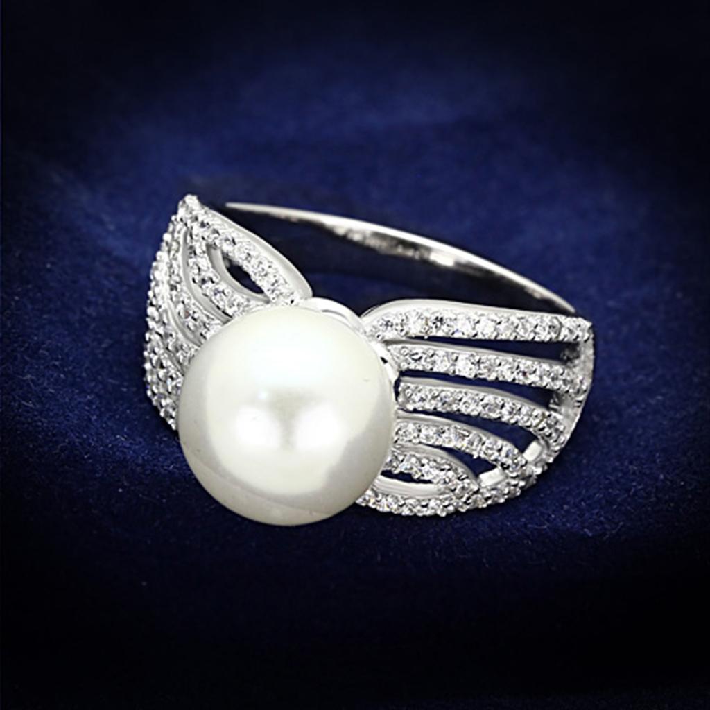 TS169 - Rhodium 925 Sterling Silver Ring with Synthetic Pearl in White - Joyeria Lady