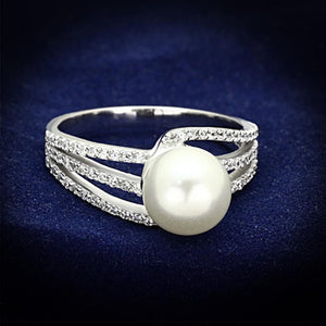 TS170 - Rhodium 925 Sterling Silver Ring with Synthetic Pearl in White - Joyeria Lady