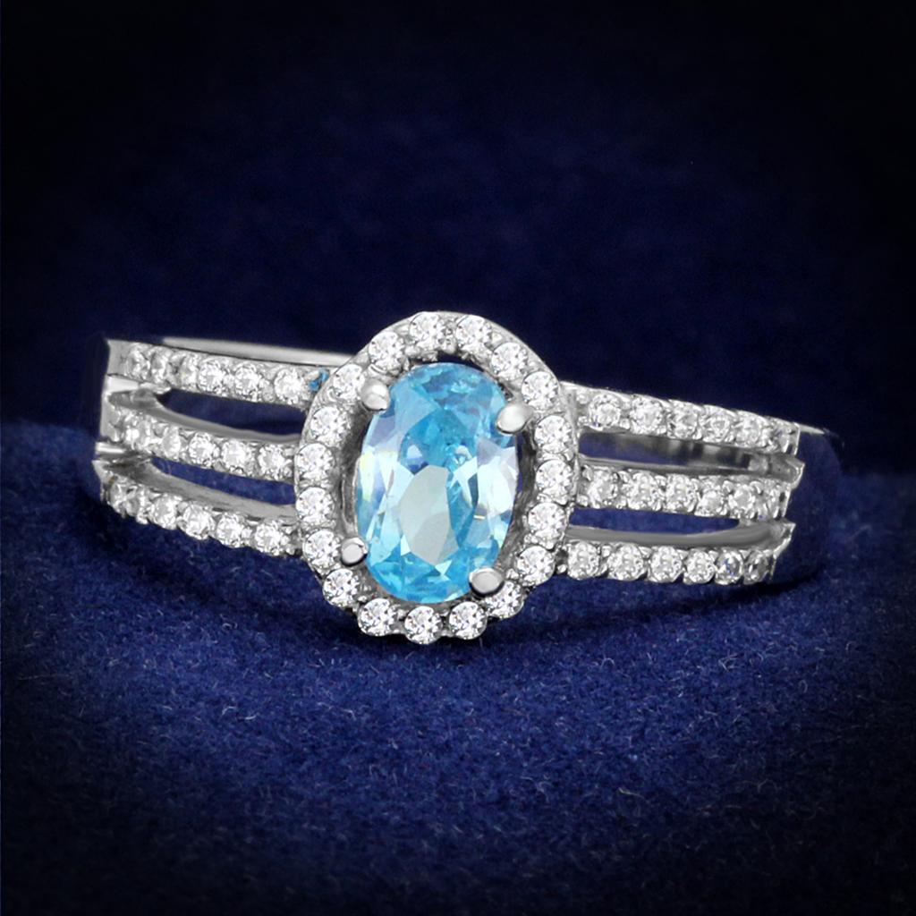 TS184 - Rhodium 925 Sterling Silver Ring with AAA Grade CZ  in Sea Blue - Joyeria Lady