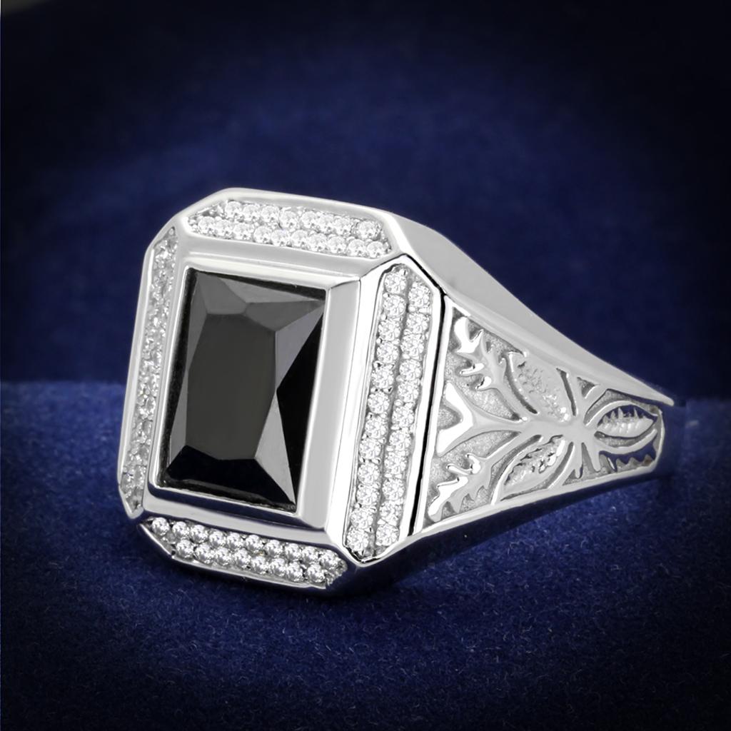 TS224 - Rhodium 925 Sterling Silver Ring with AAA Grade CZ  in Black Diamond - Joyeria Lady