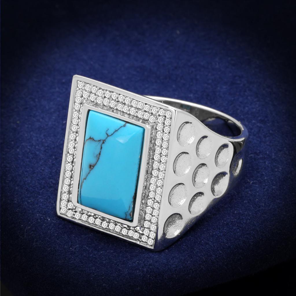 TS228 - Rhodium 925 Sterling Silver Ring with Synthetic Turquoise in Sea Blue - Joyeria Lady