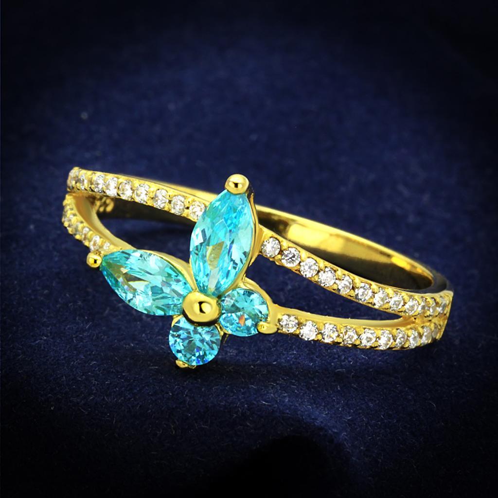 TS249 - Gold 925 Sterling Silver Ring with AAA Grade CZ  in Sea Blue - Joyeria Lady