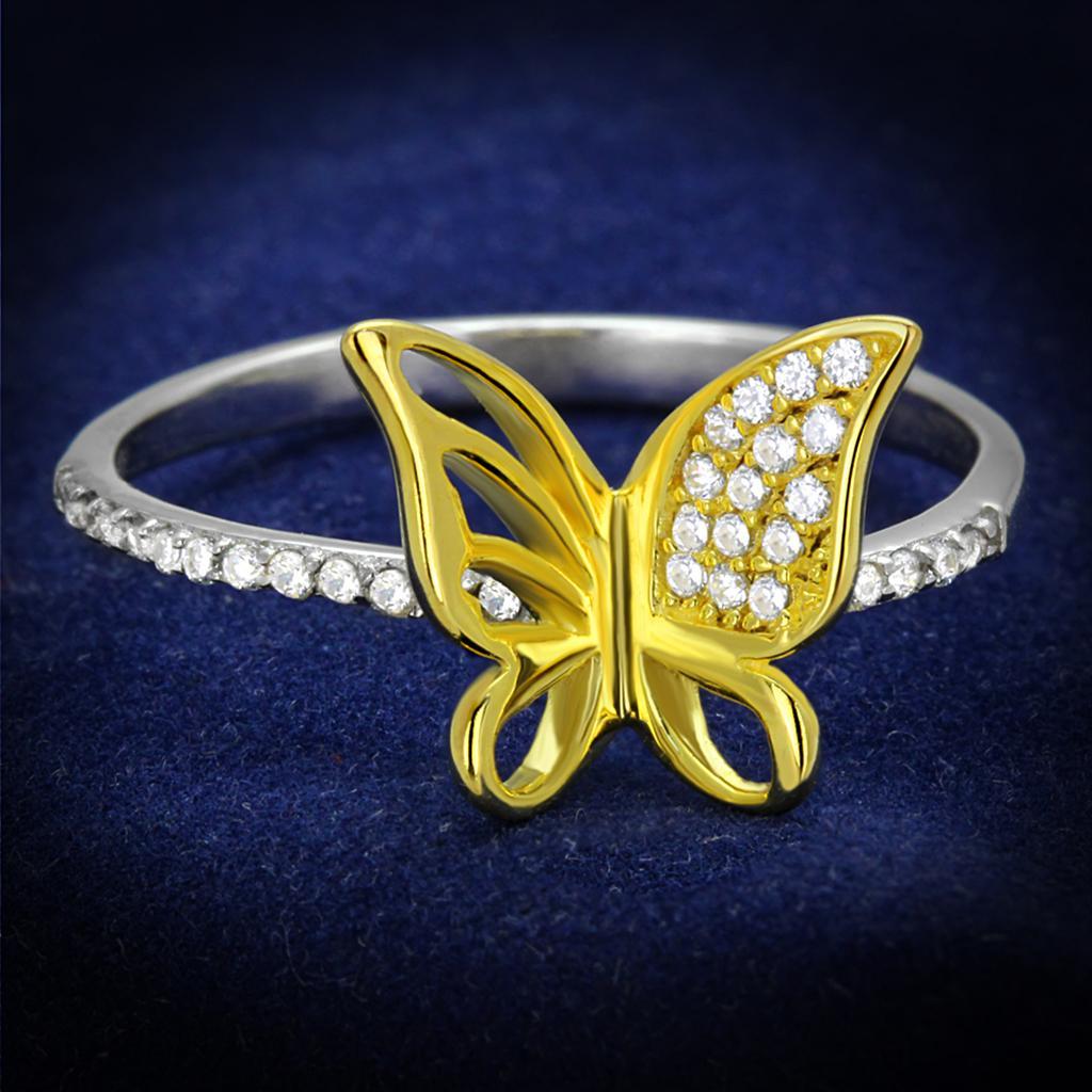 TS312 - Reverse Two-Tone 925 Sterling Silver Ring with AAA Grade CZ  in Clear - Joyeria Lady