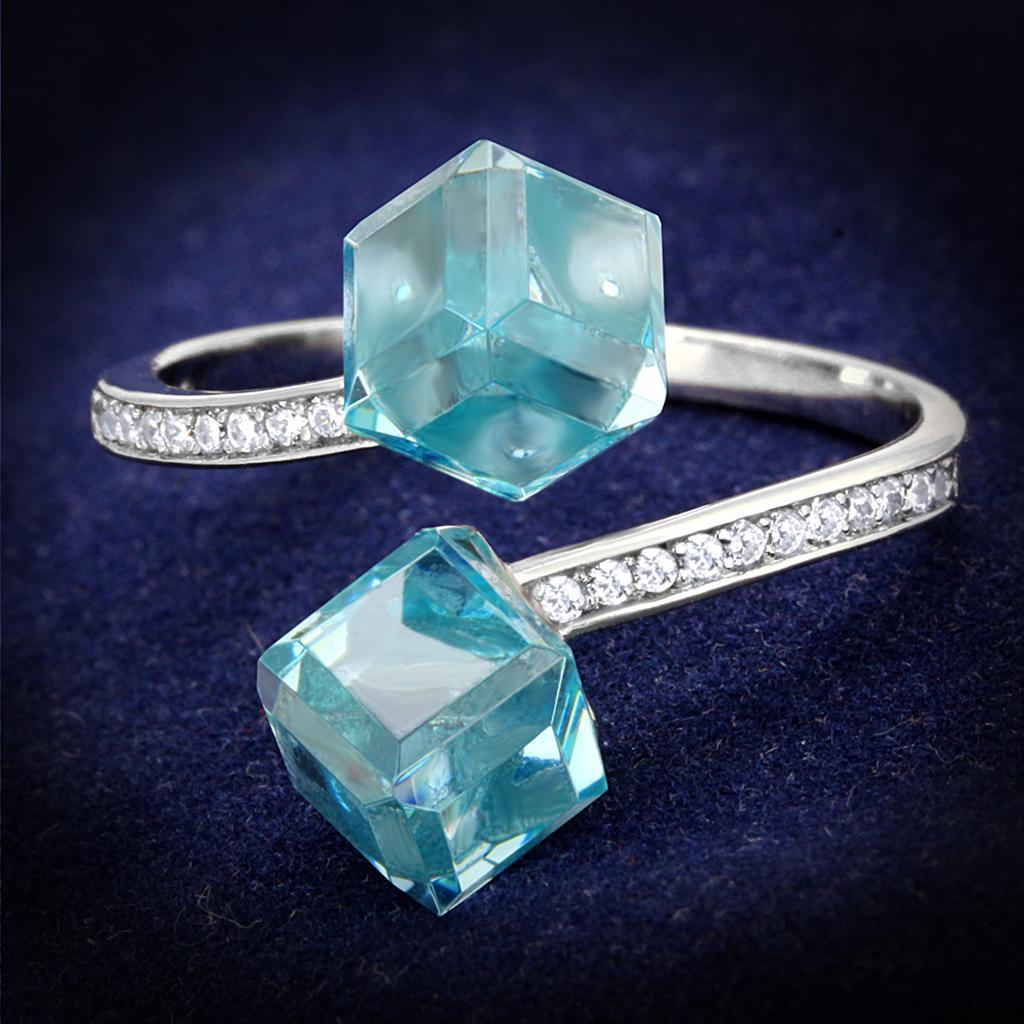 TS317 - Rhodium 925 Sterling Silver Ring with AAA Grade CZ  in Sea Blue - Joyeria Lady
