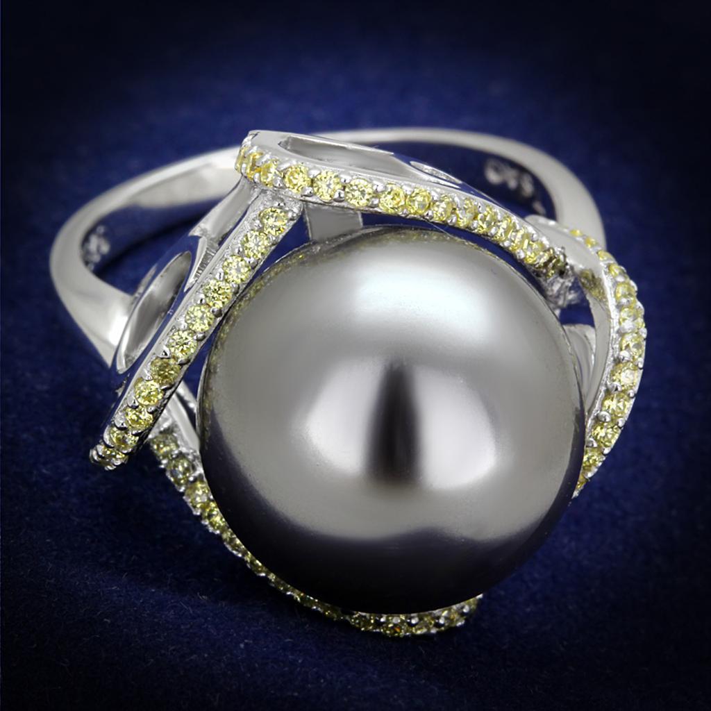 TS318 - Rhodium 925 Sterling Silver Ring with Synthetic Pearl in Gray - Joyeria Lady